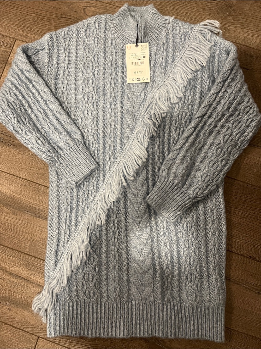 Zara Light Blue Cable Knit Fringe Turtleneck Dress